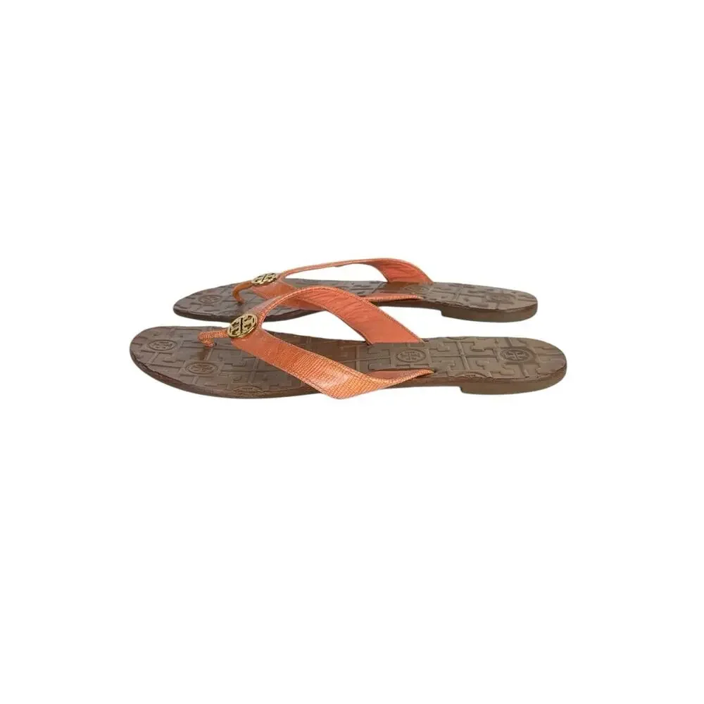 Tory Burch Thora Logo Orange Leather Thong Flip-Flop Flat Sandal Women's Size 9